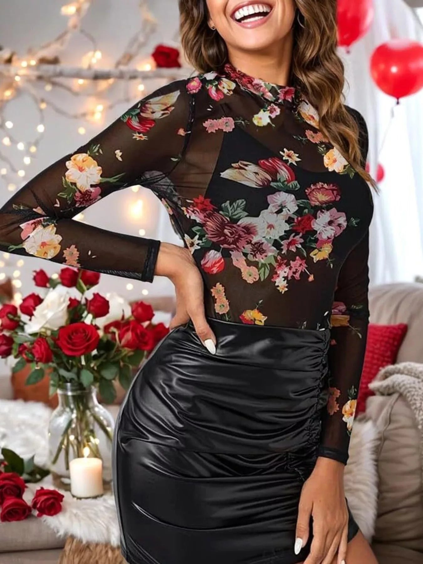 Trendsi Sheer Mock Neck Long Sleeve Top -