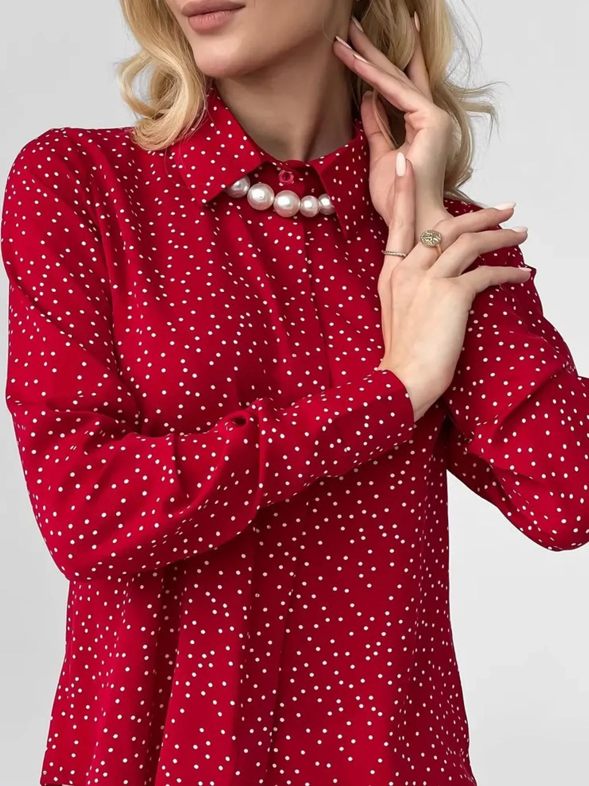 Button-up shirt, red dotted front