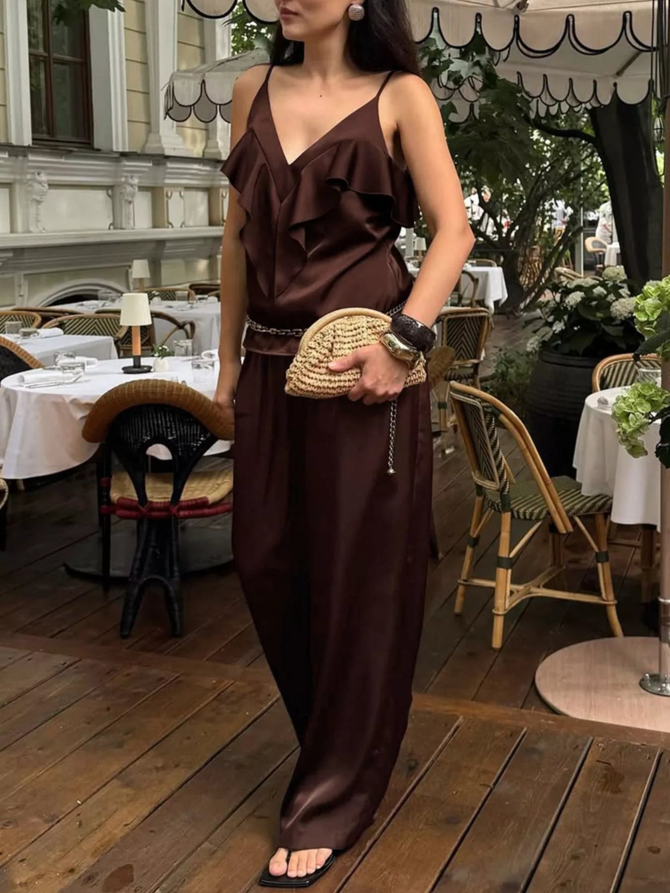 Trendsi Ruffle V-Neck Cami and Wide-Leg Pants Two-Piece Set -
