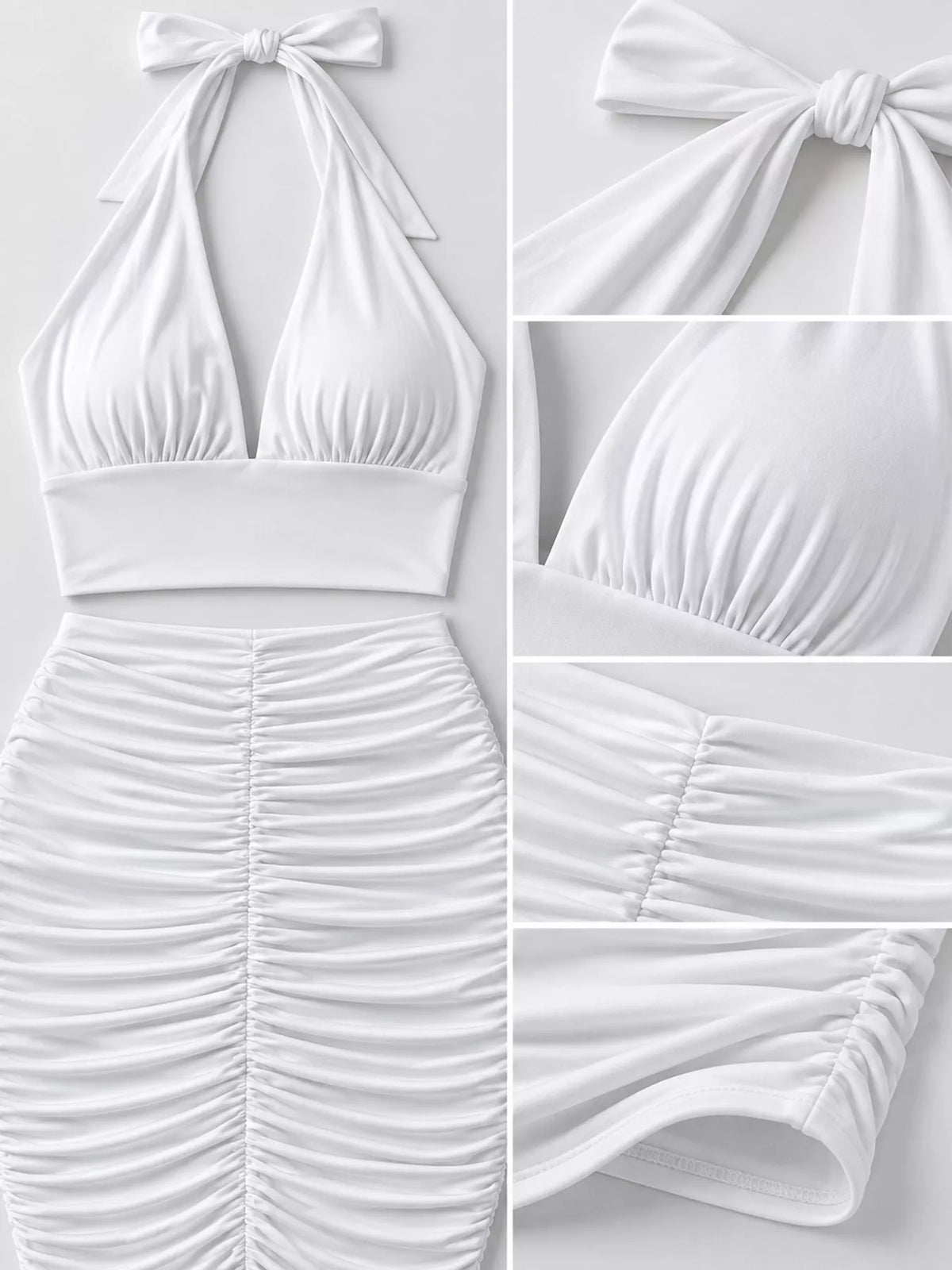 White halter crop top and ruched bodycon mini skirt set, halter top and ruched skirt details