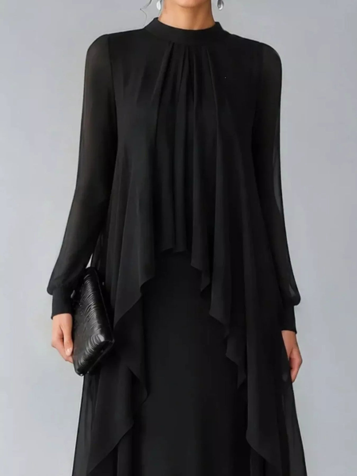 Sheer Sleeve Chiffon Layered Maxi Dress, detail view in black