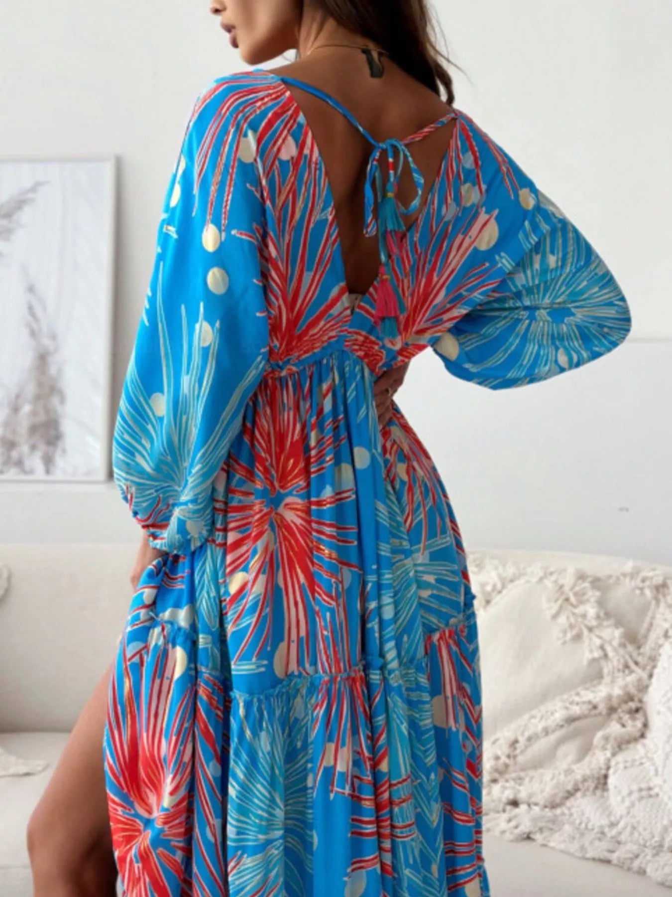 Trendsi Printed V-Neck Balloon Sleeve Slit Maxi Dress -