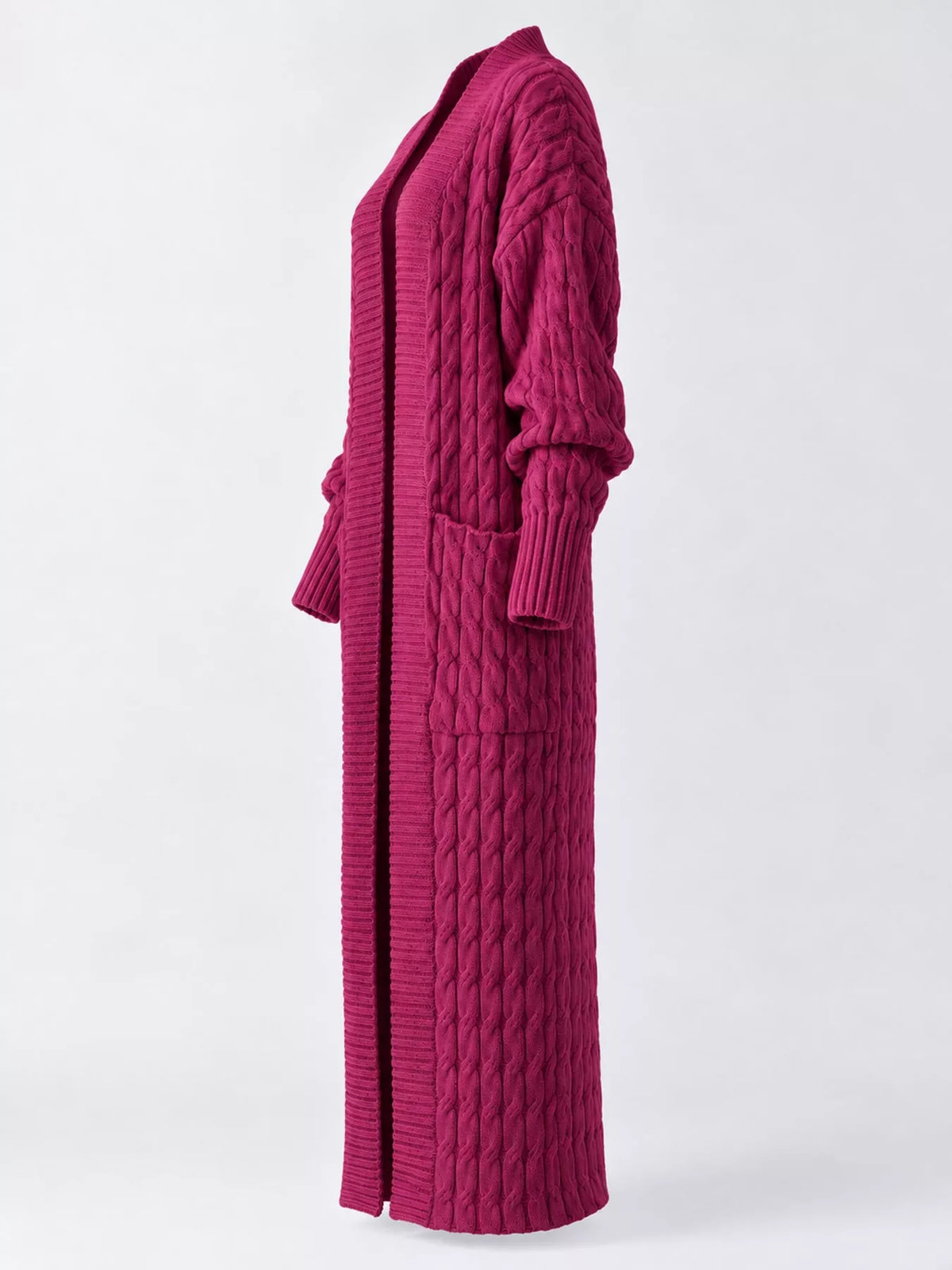 Deep Rose Red cable-knit longline open-front cardigan