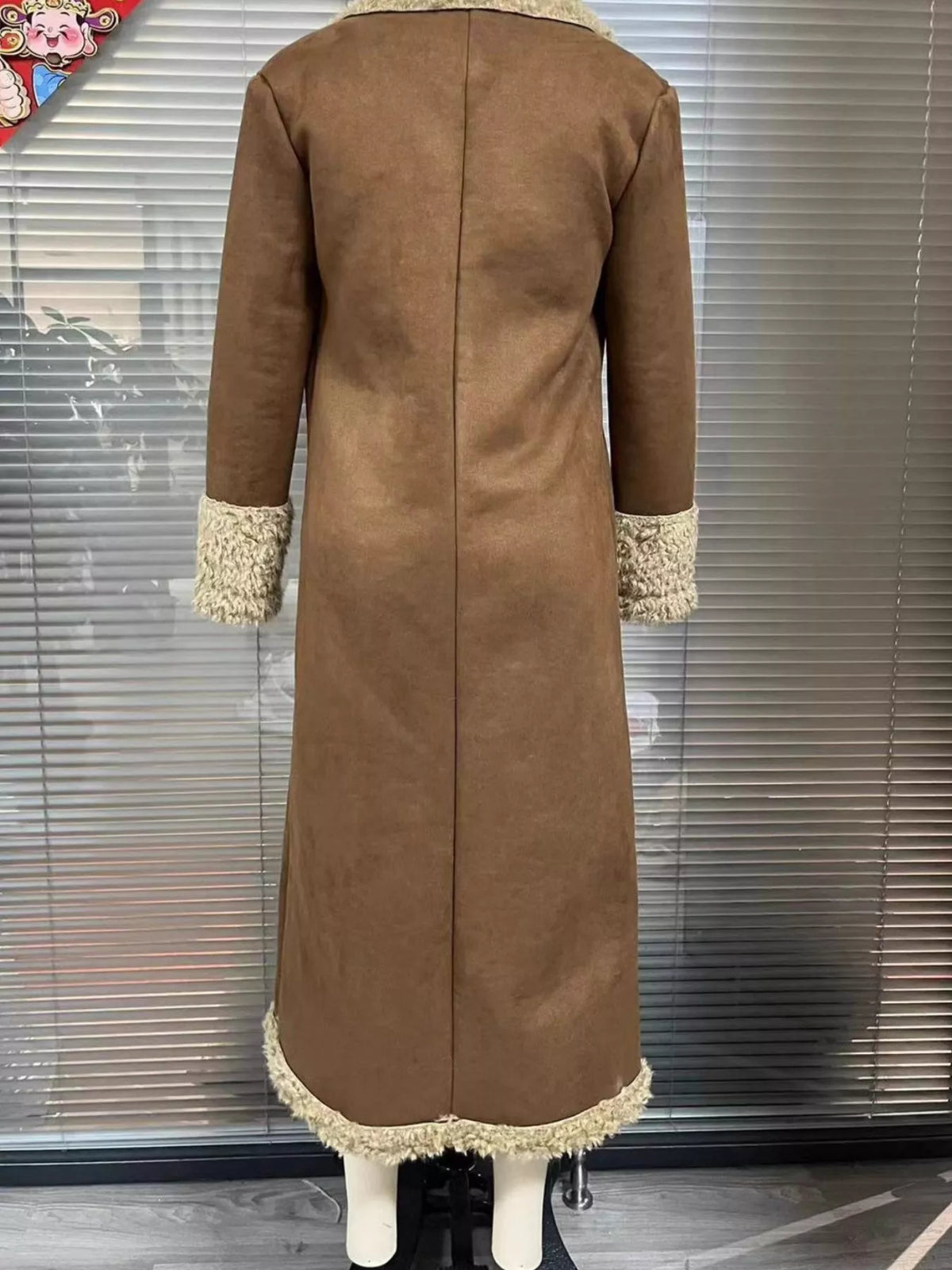 Brown faux suede shearling-style long coat, back view