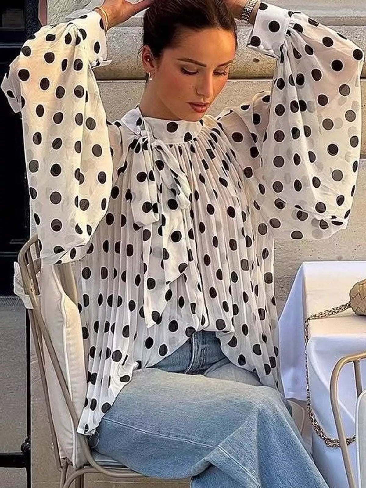 White polka dot long sleeve blouse