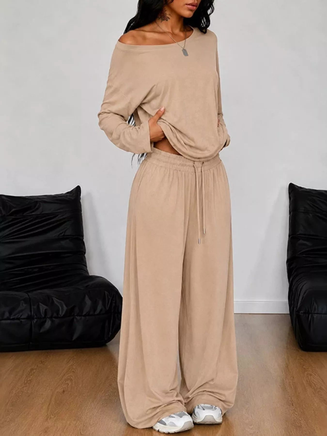 Trendsi Full Size One-Shoulder Top and Drawstring Pants Set Plus Size -