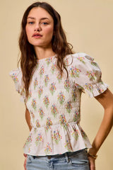 Trendsi SO ME Floral Cotton Smocked Short Sleeves Blouse -