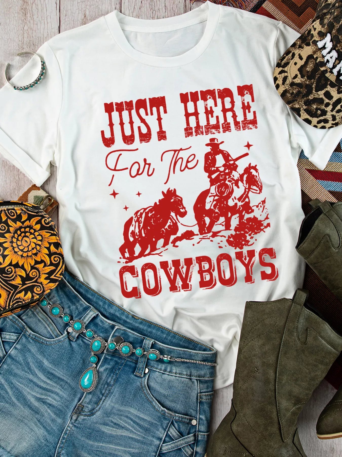 Trendsi JUST HERE For THE COWBOY Cuffed Sleeve Crew Neck T Shirt -