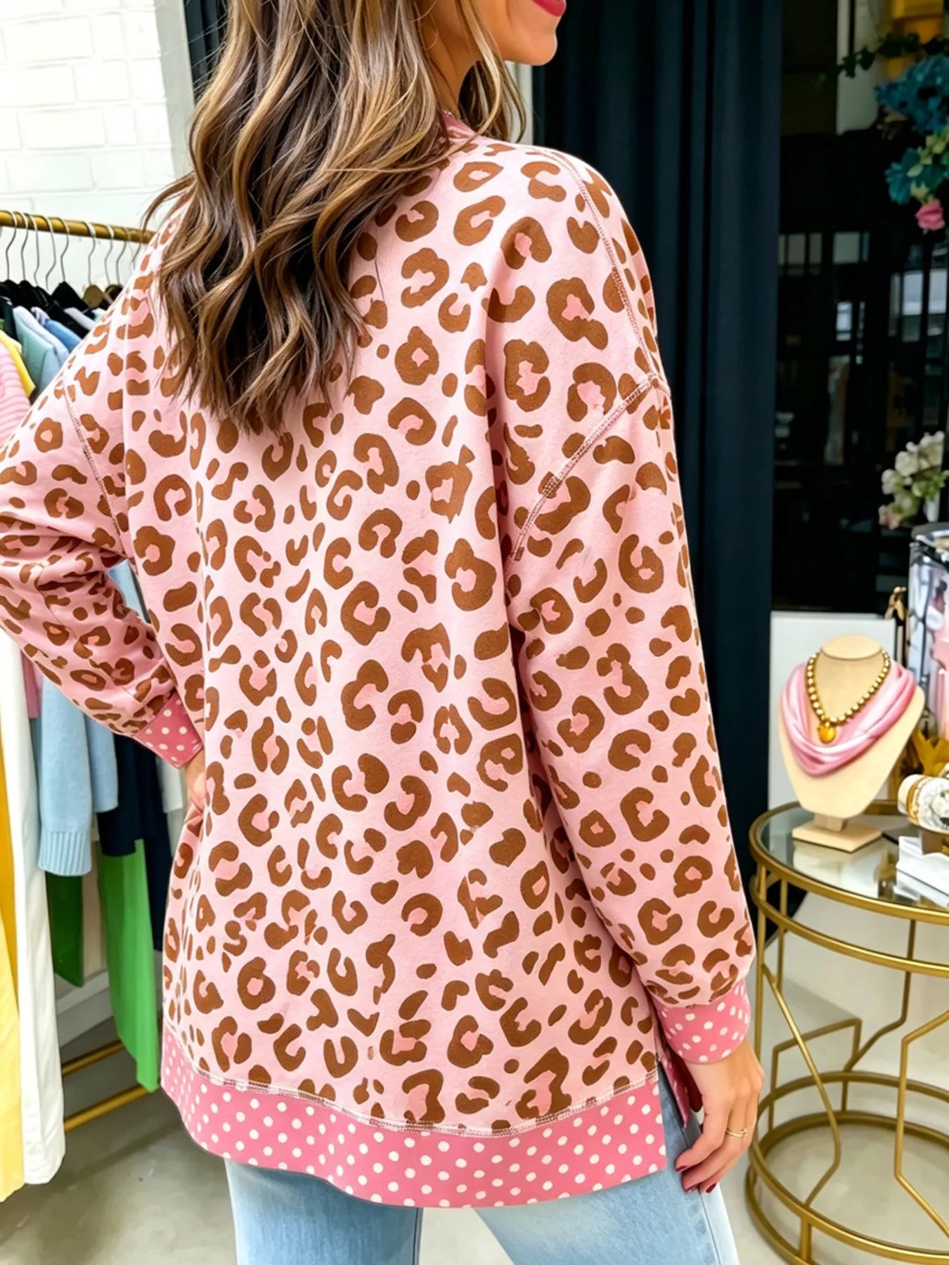 Trendsi Side Slit Leopard Sweatshirt with Polka Dot Trim -