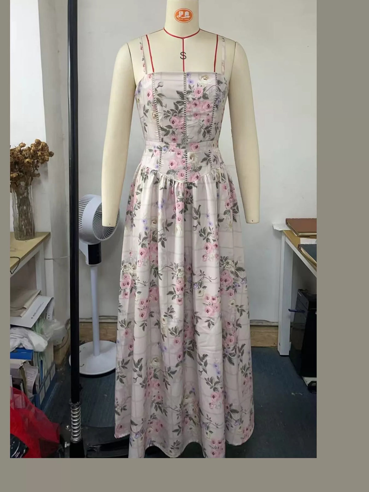 Women's Paneled Bodice Gathered Midi Dress in gray floral — mannequin front view