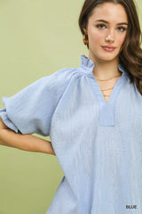 Trendsi Umgee Textured Puff Sleeve Split Neck Top -