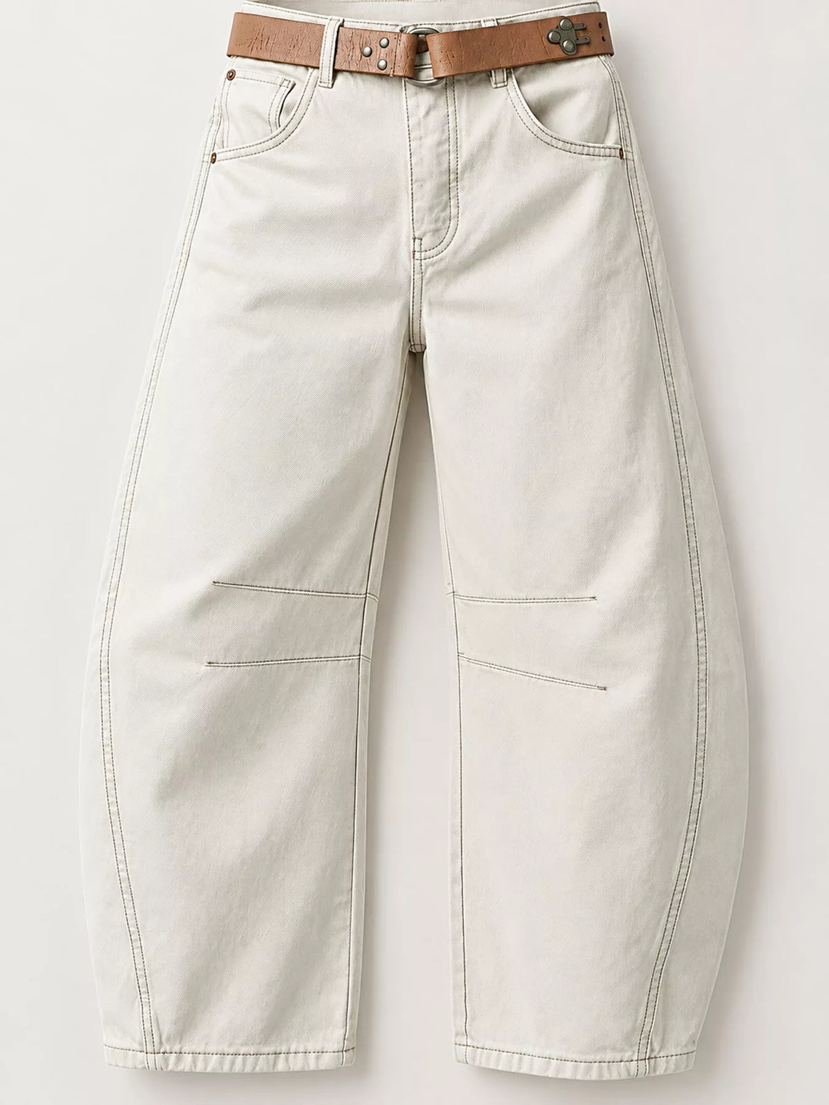 Cream barrel-leg jeans, waist and leg detail