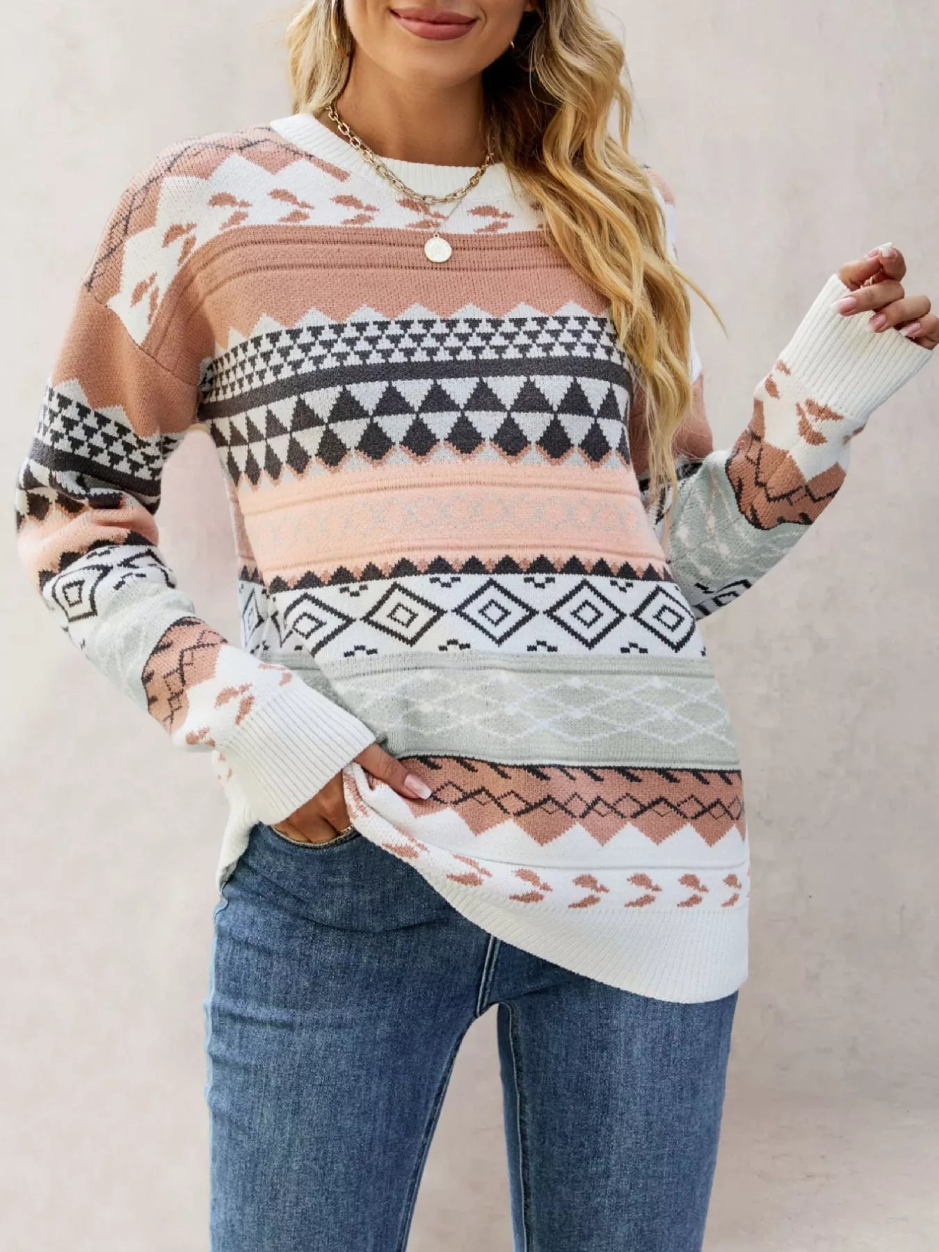 Trendsi Geometric Pattern Dropped Shoulder Sweater -