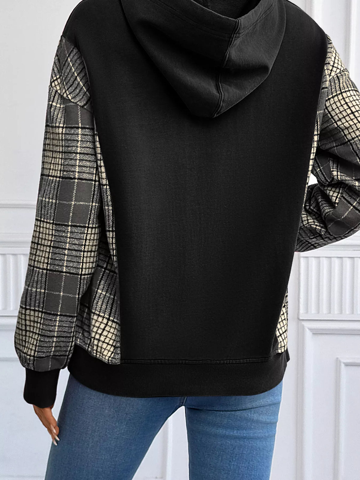 Plaid-sleeve hoodie, black back