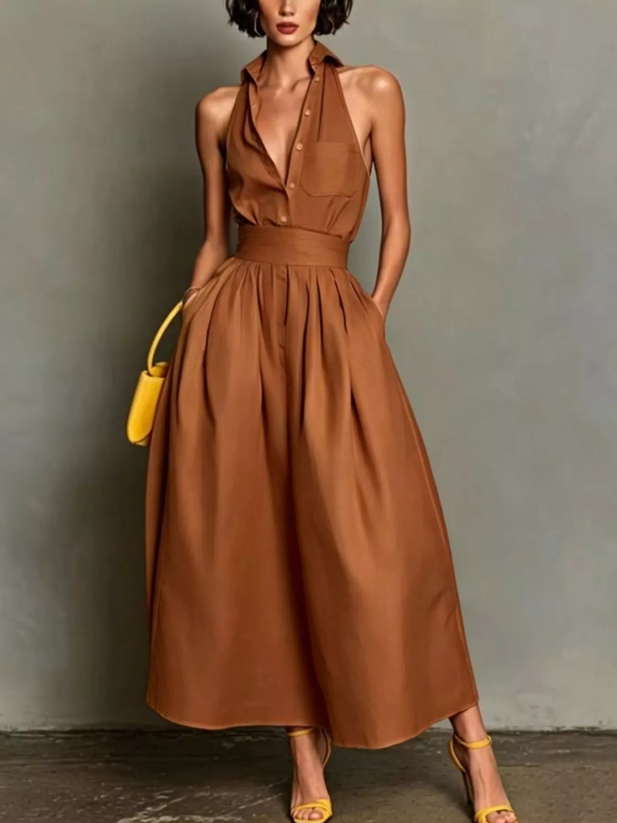Brown halter-collar A-line midi dress, full front view