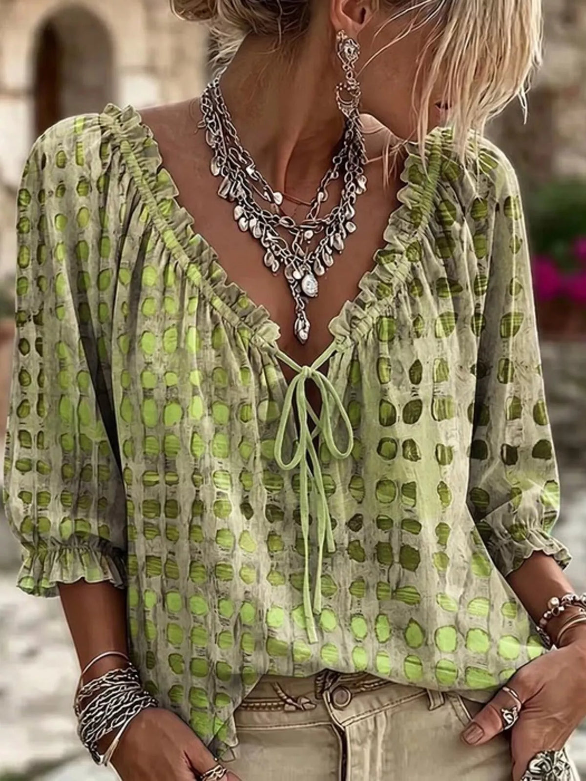 Sage Tie Neck 3/4 Sleeve Blouse front view