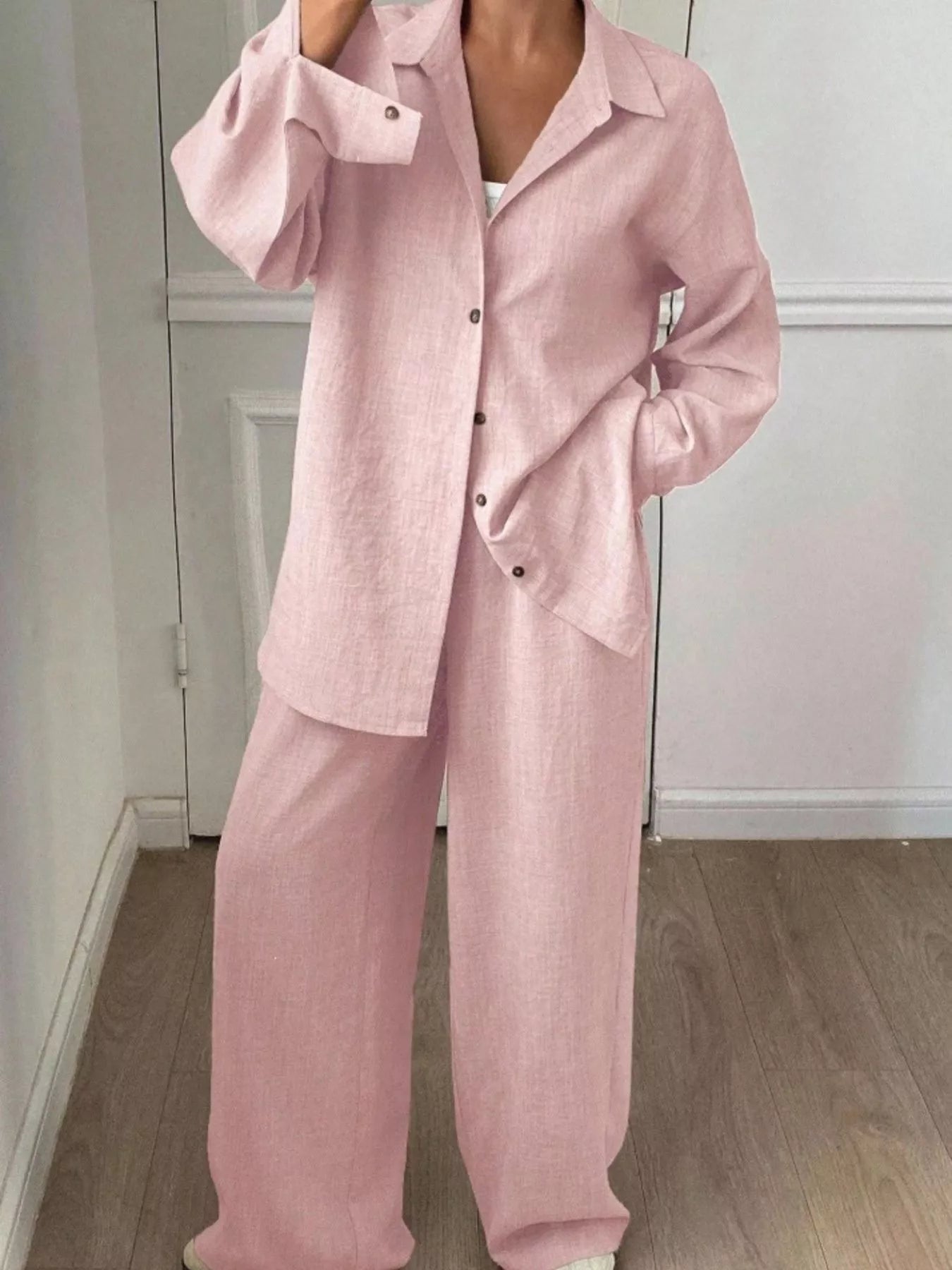 Trendsi Button Up Long Sleeve Shirt and Wide Leg Pants Set -