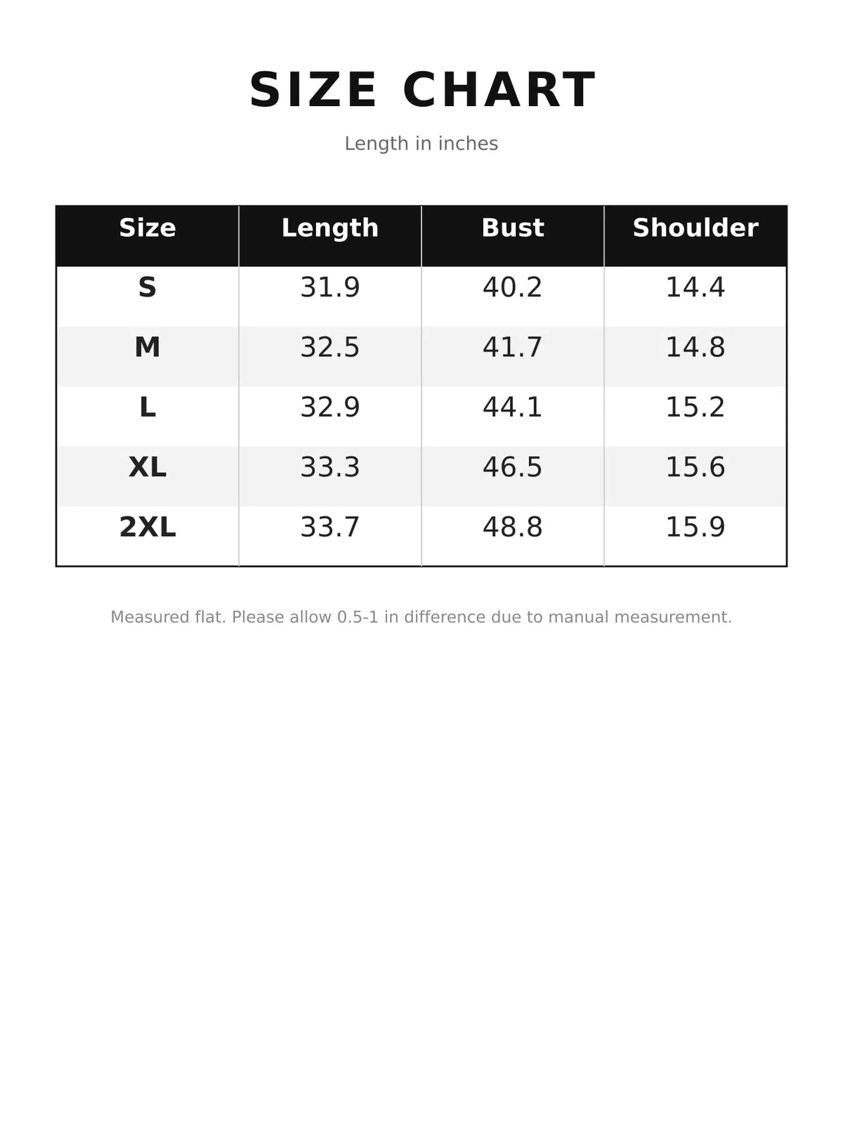 Size chart for tie waist longline vest