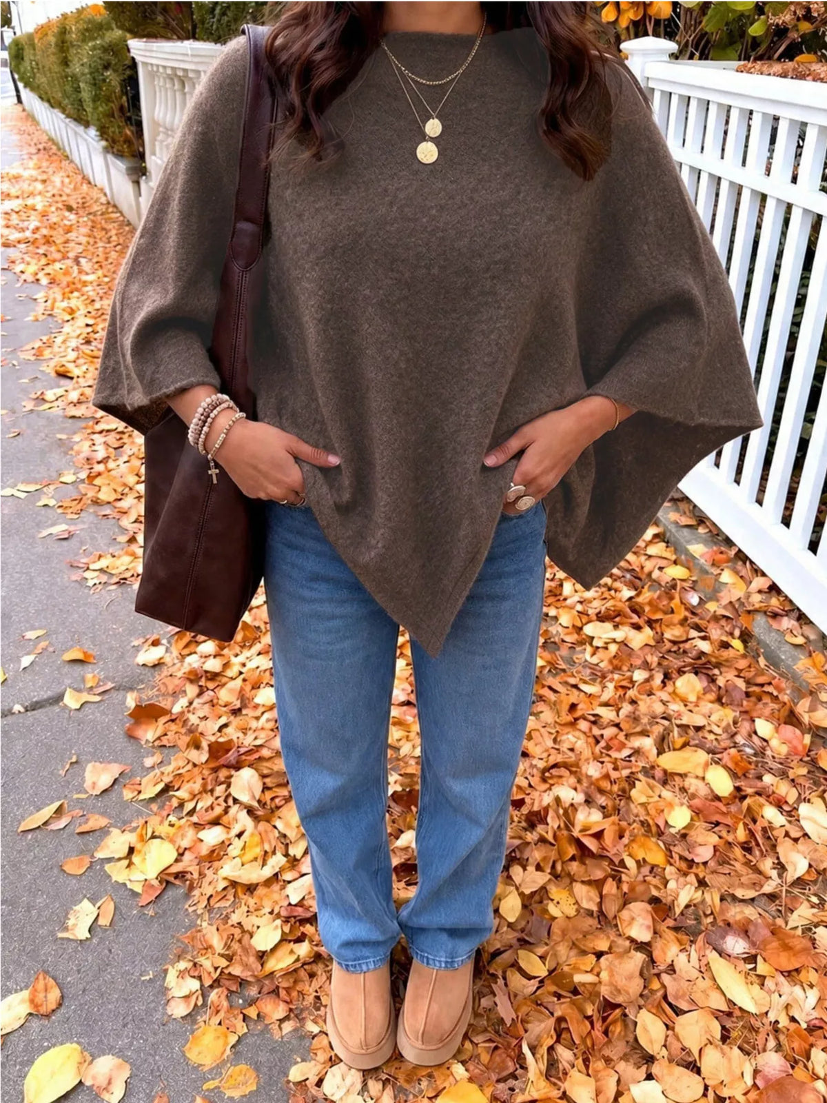 Brown Oversized Round Neck Cape Sweater, front view