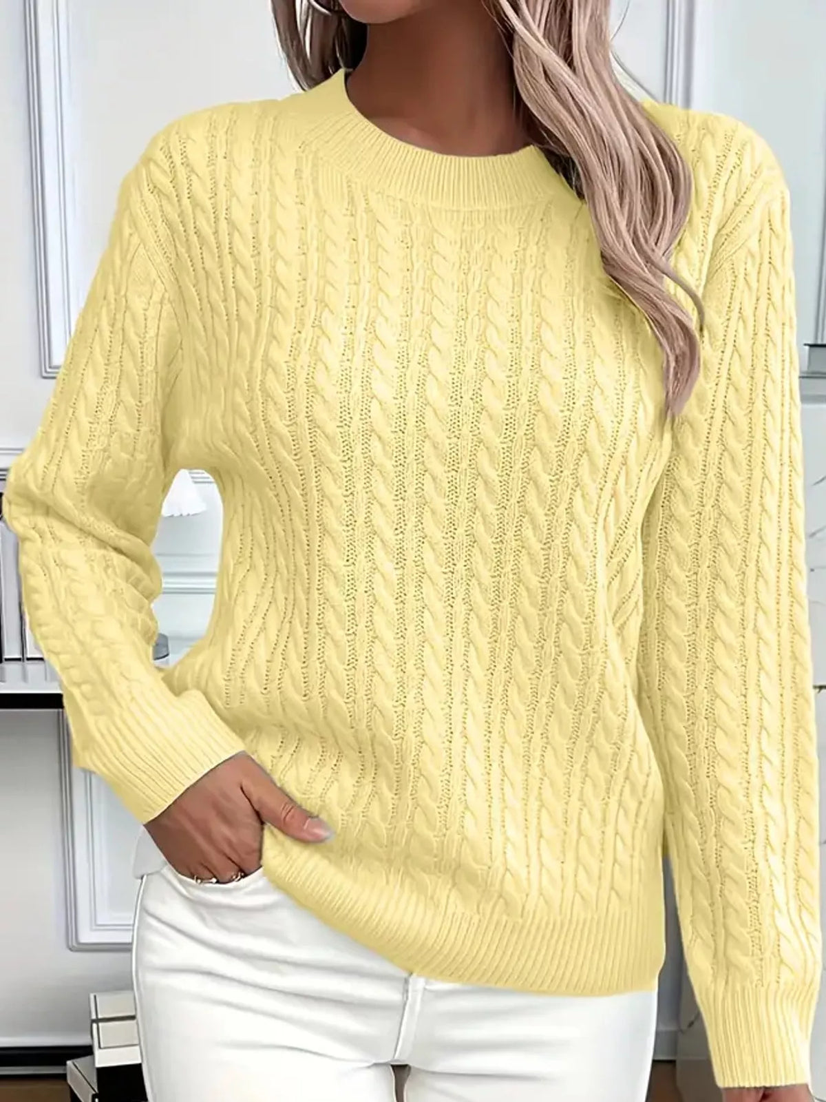 Yellow cable knit round neck sweater