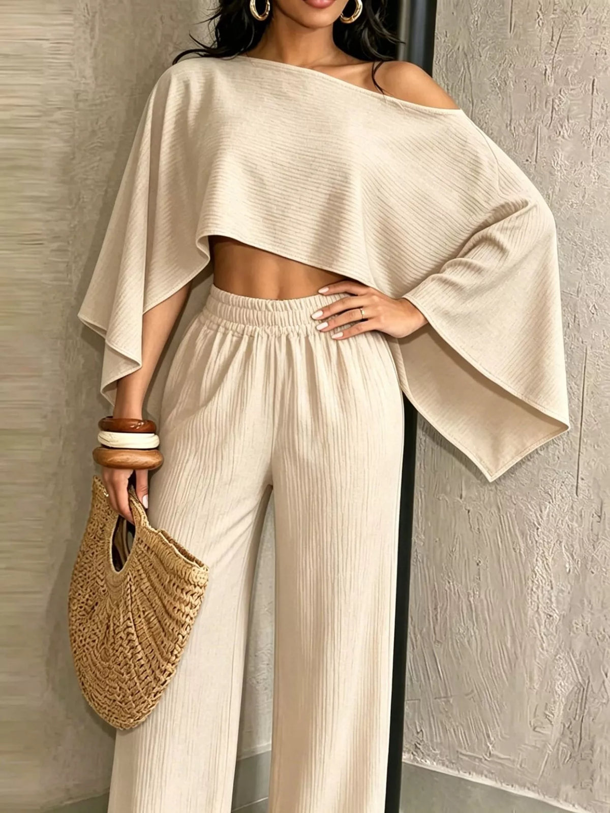 Women's Boat Neck Crop Top and Wide-Leg Pants Set in cream — front view