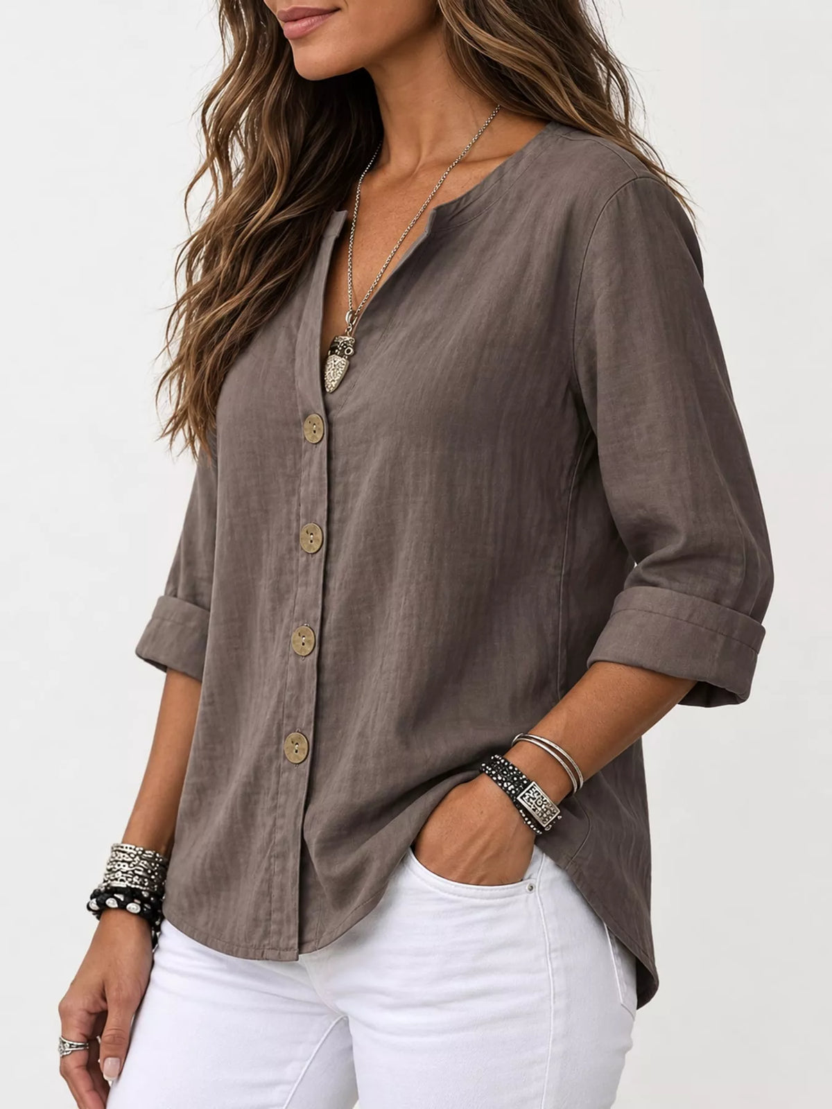 Notched-neck shirt, gray side