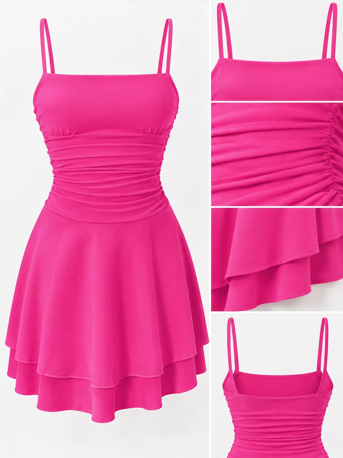 Hot pink ruched spaghetti strap layered mini dress, front, back and detail collage