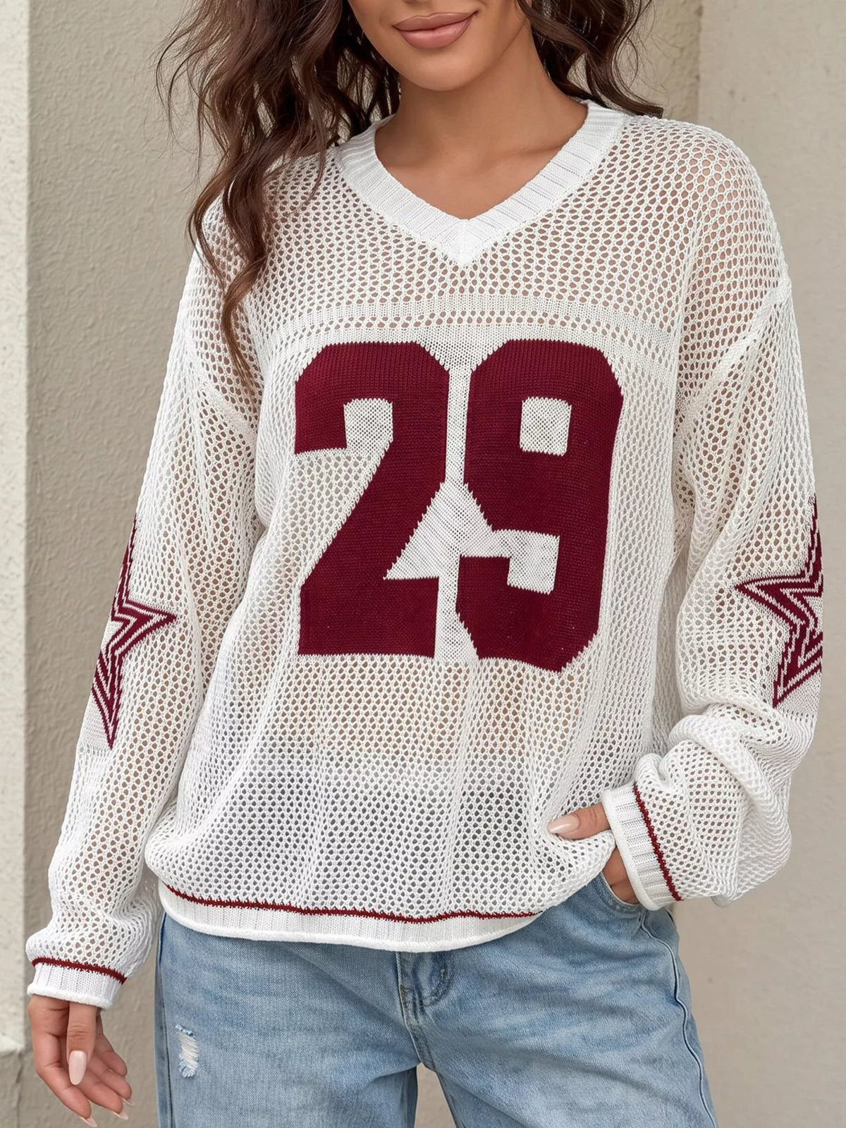 Women's Number 29 Openwork Knit Jersey Sweater in Burgundy, back view