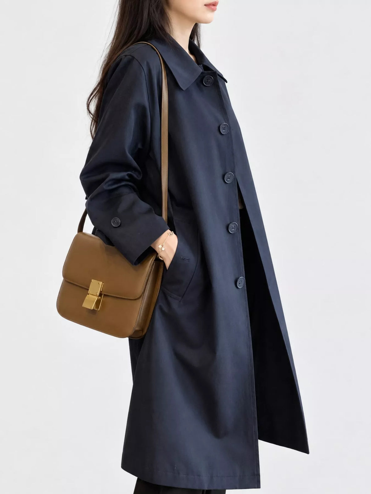 Navy single-breasted trench coat, side view