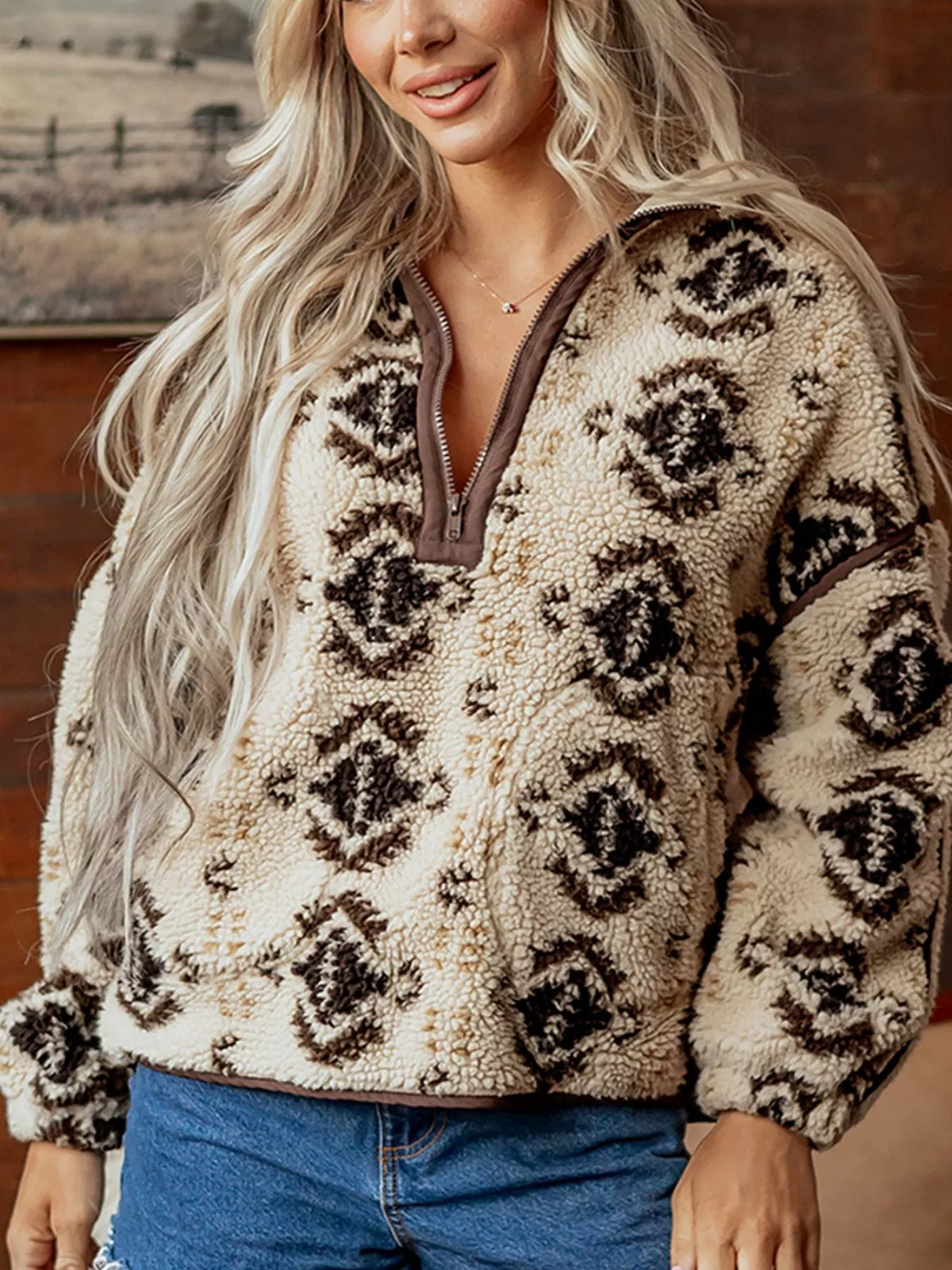 Aztec Print Quarter-Zip Sherpa Sweatshirt in khaki, front view