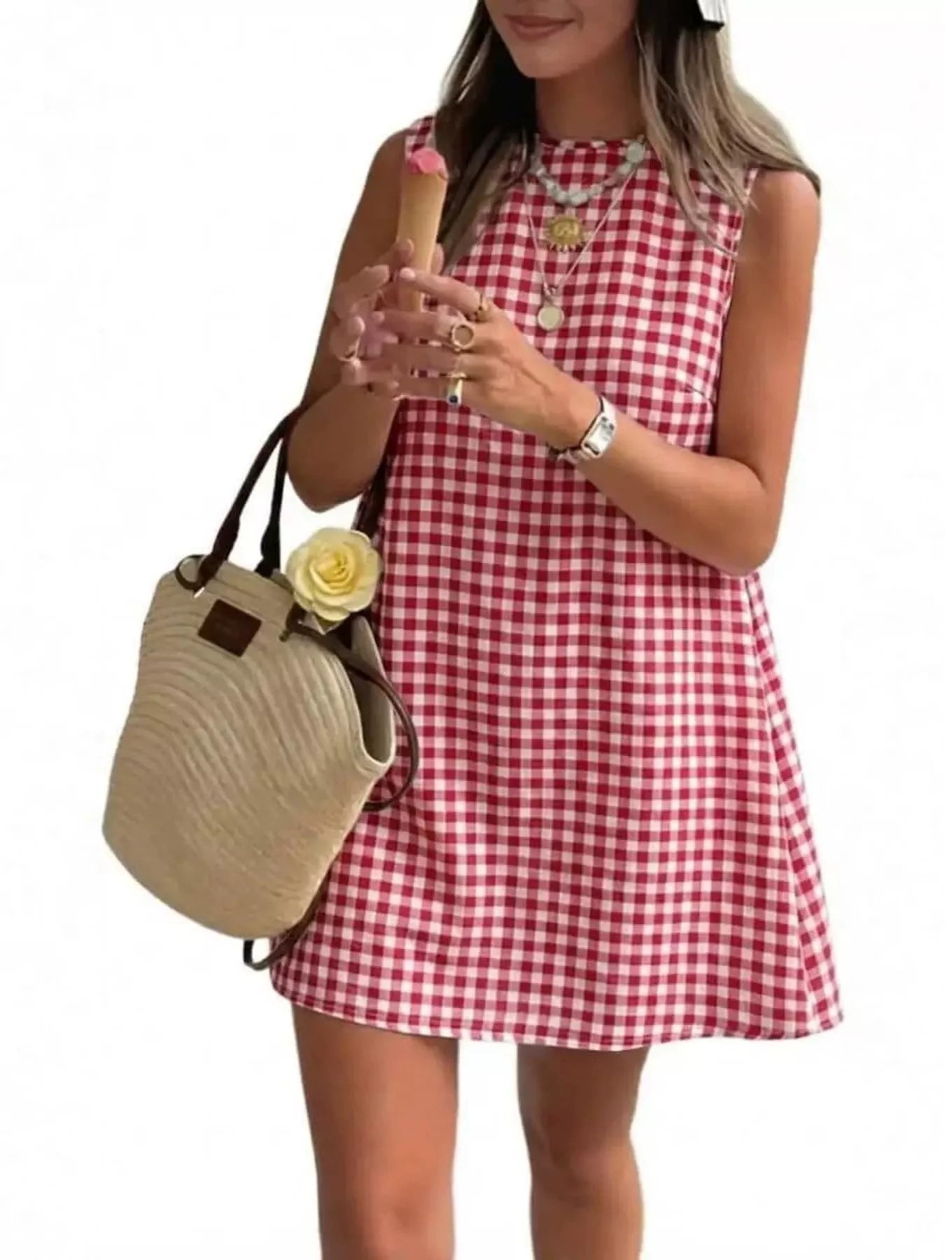Trendsi Gingham Sleeveless A-Line Mini Dress -