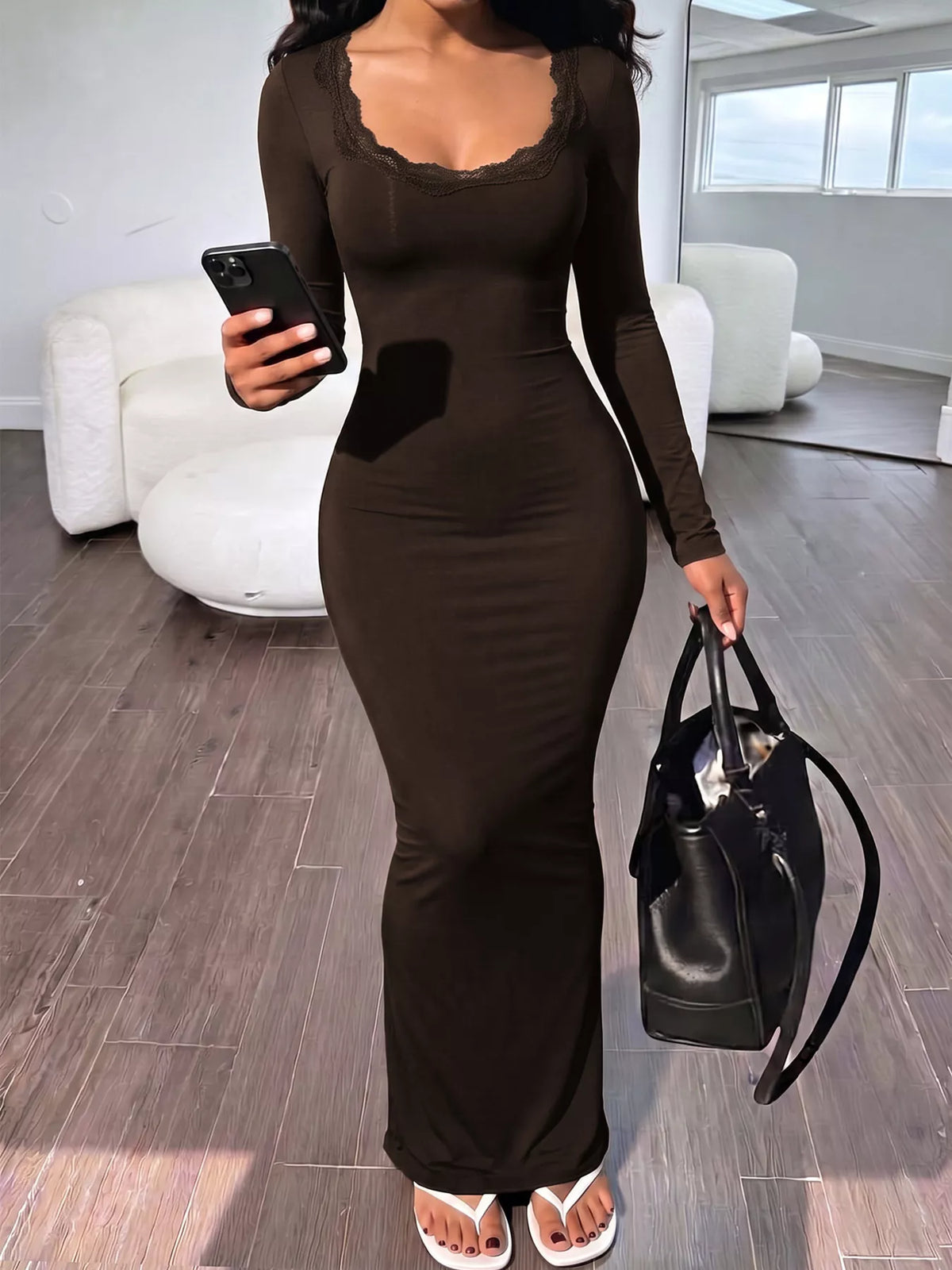 Scalloped Neck Long Sleeve Bodycon Maxi Dress, front view