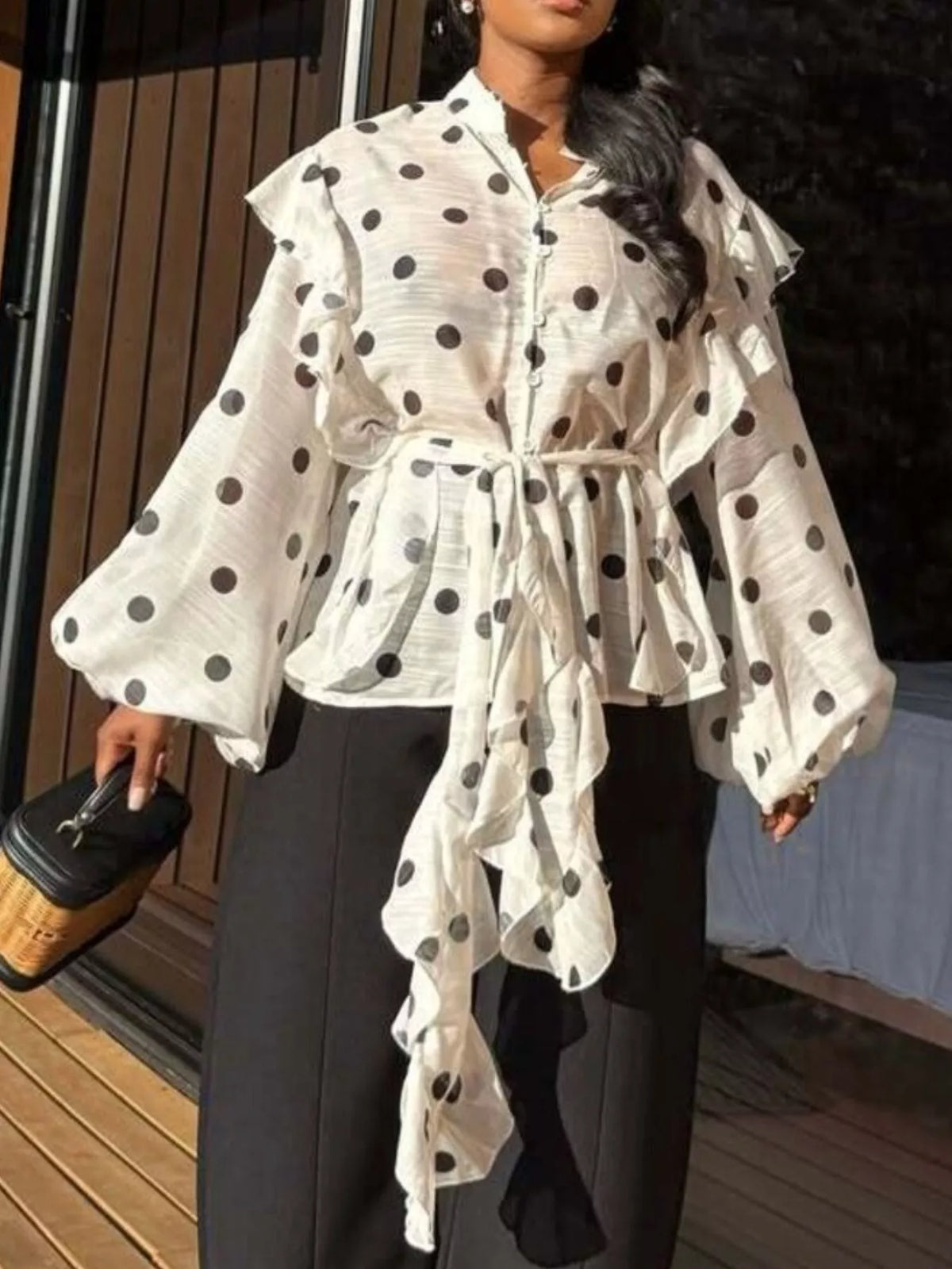 Collared long sleeve blouse, front view on model