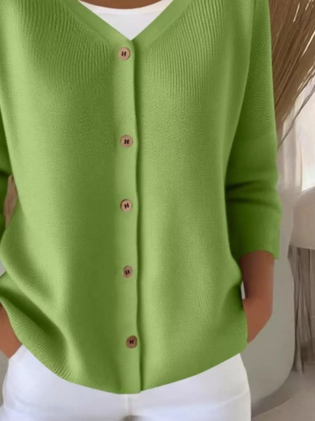 Green ribbed button-front cardigan, button-front detail