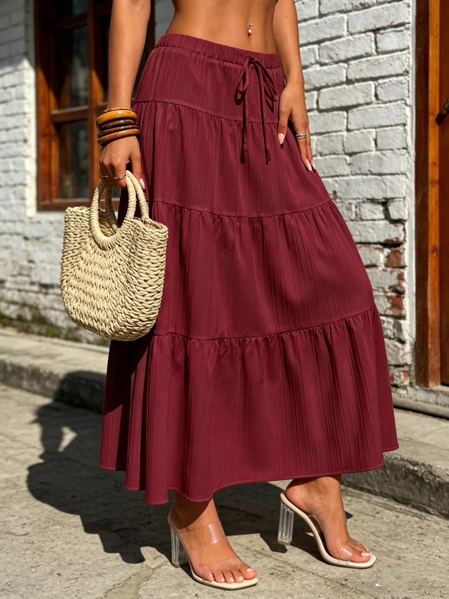 Trendsi Tiered Maxi Skirt with Drawstring Waist -