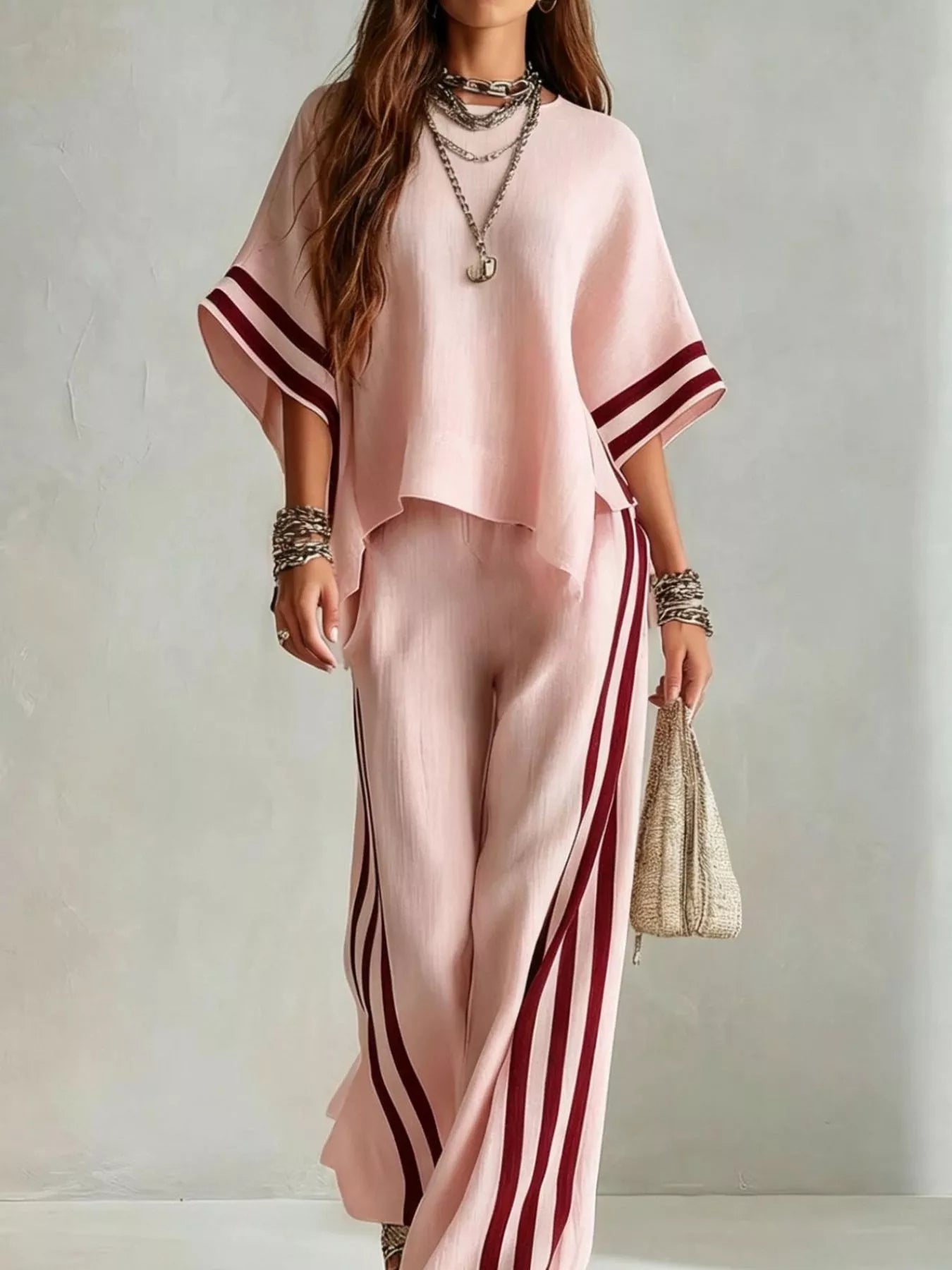 Trendsi Full Size Striped 3/4 Sleeve Top and Pants Set Plus Size -