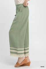 Trendsi Umgee Lace Trim Fringe Hem Wide Leg Pants -