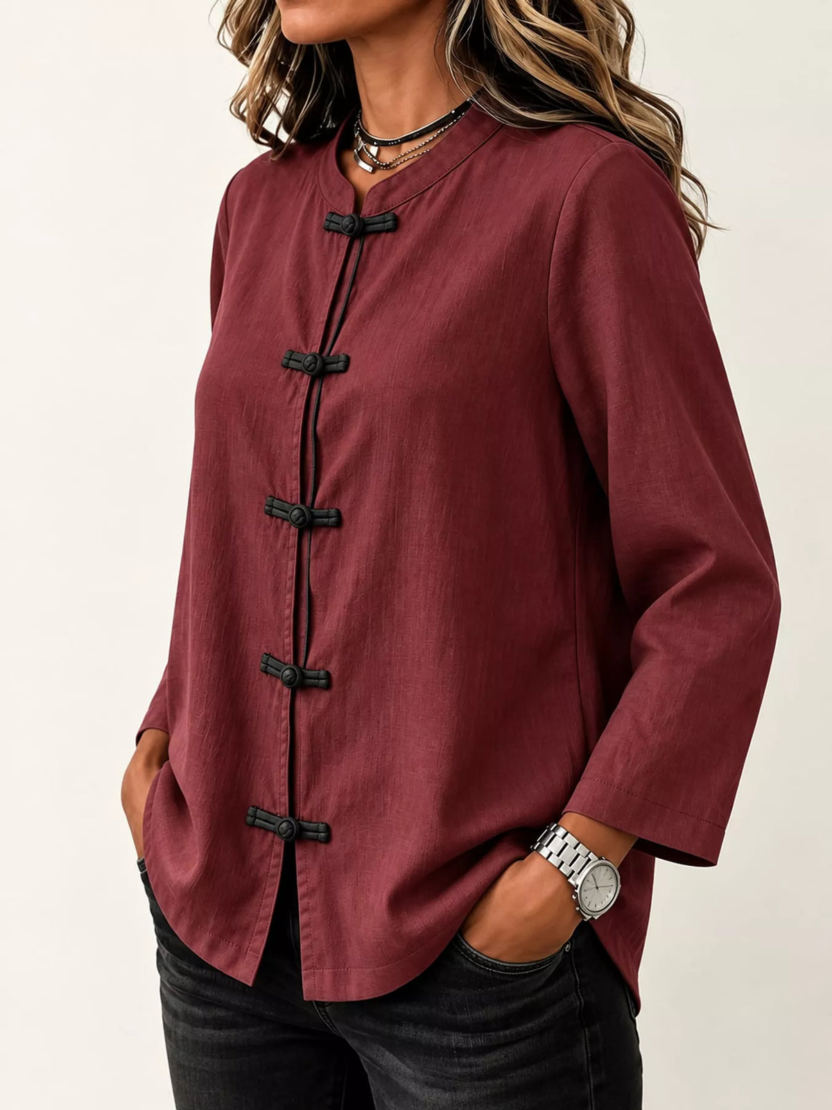 Chinese Style Mandarin Collar Blouse in burgundy, side view