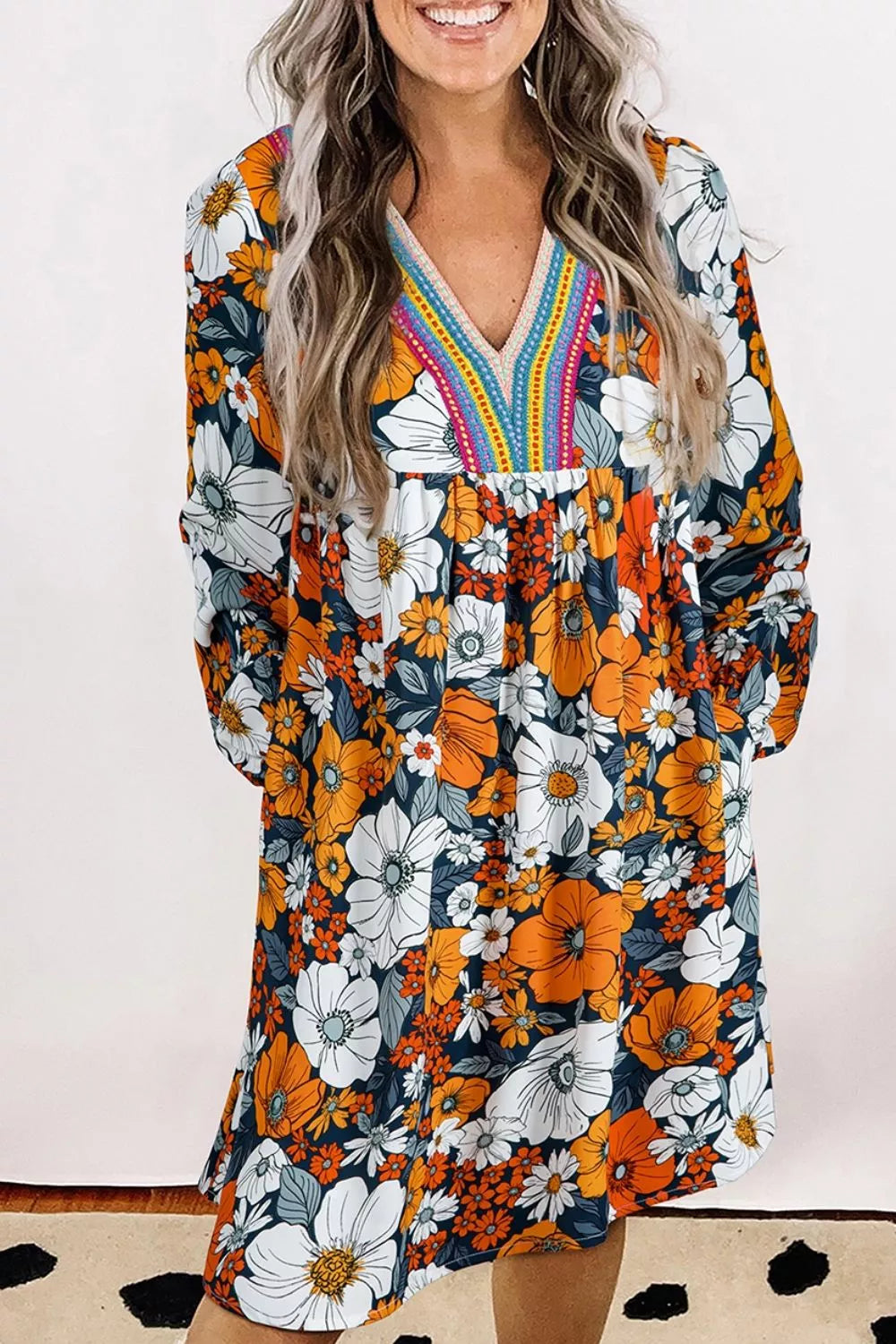 Trendsi Boho Floral Print V-Neck Mini Dress with Pockets - Dresses