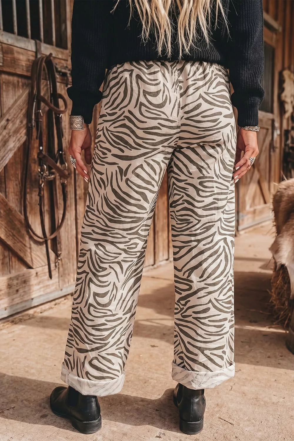 Trendsi Multicolour Western Print Zebra Pattern Elastic Waist Pocket Pants -