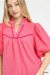 Trendsi Umgee Puff Sleeve Eyelet Mix Top with Contrast Piping -