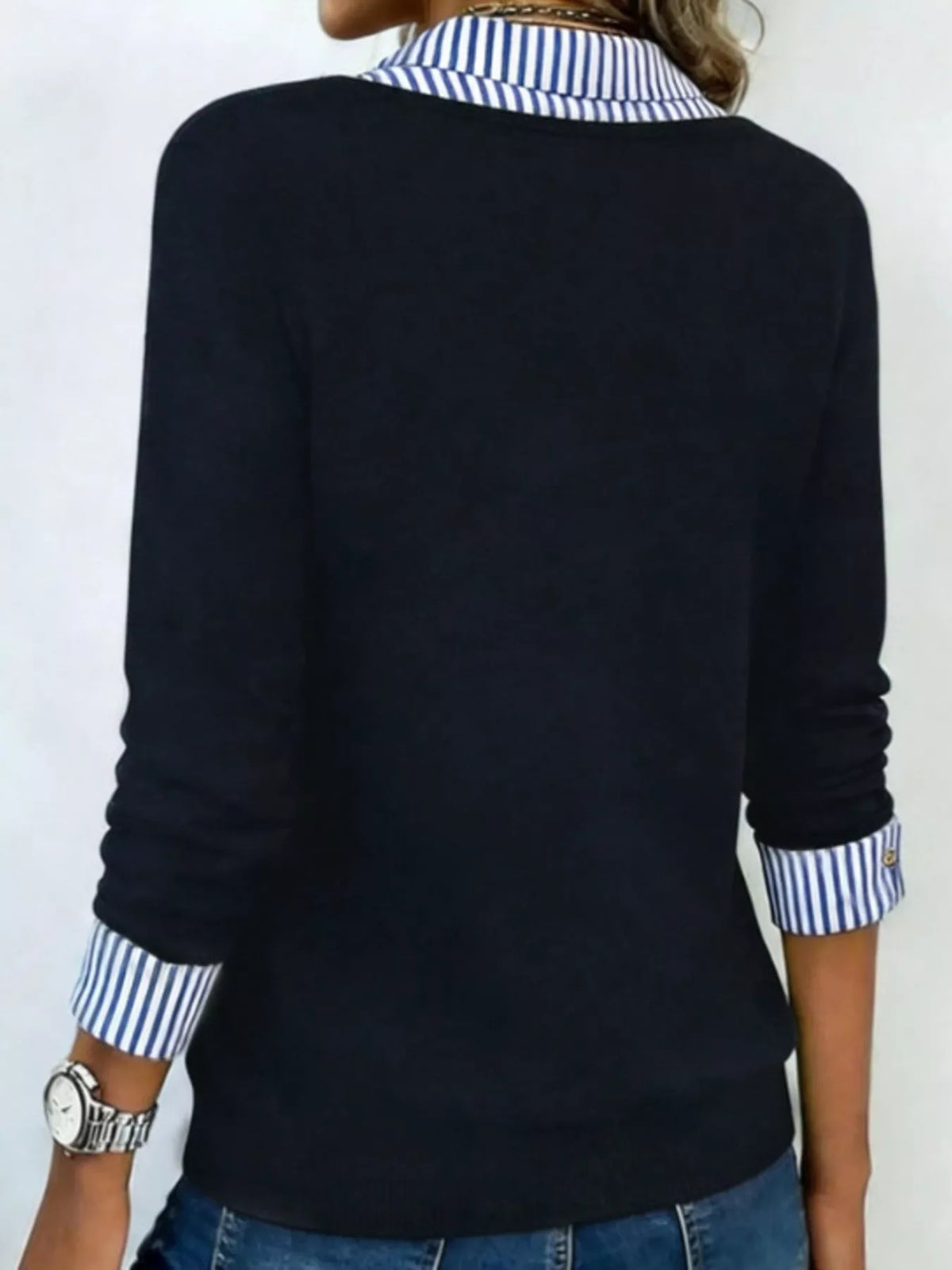 Women's Layered Look Striped Collar Long Sleeve Top in Black, alternate view