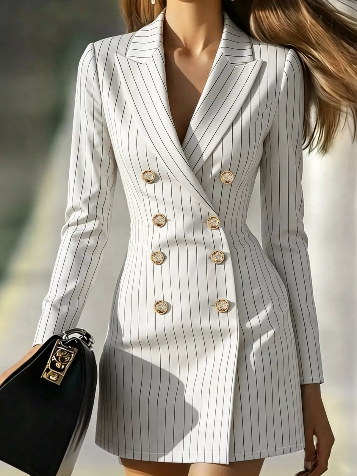 White striped double-breasted blazer dress