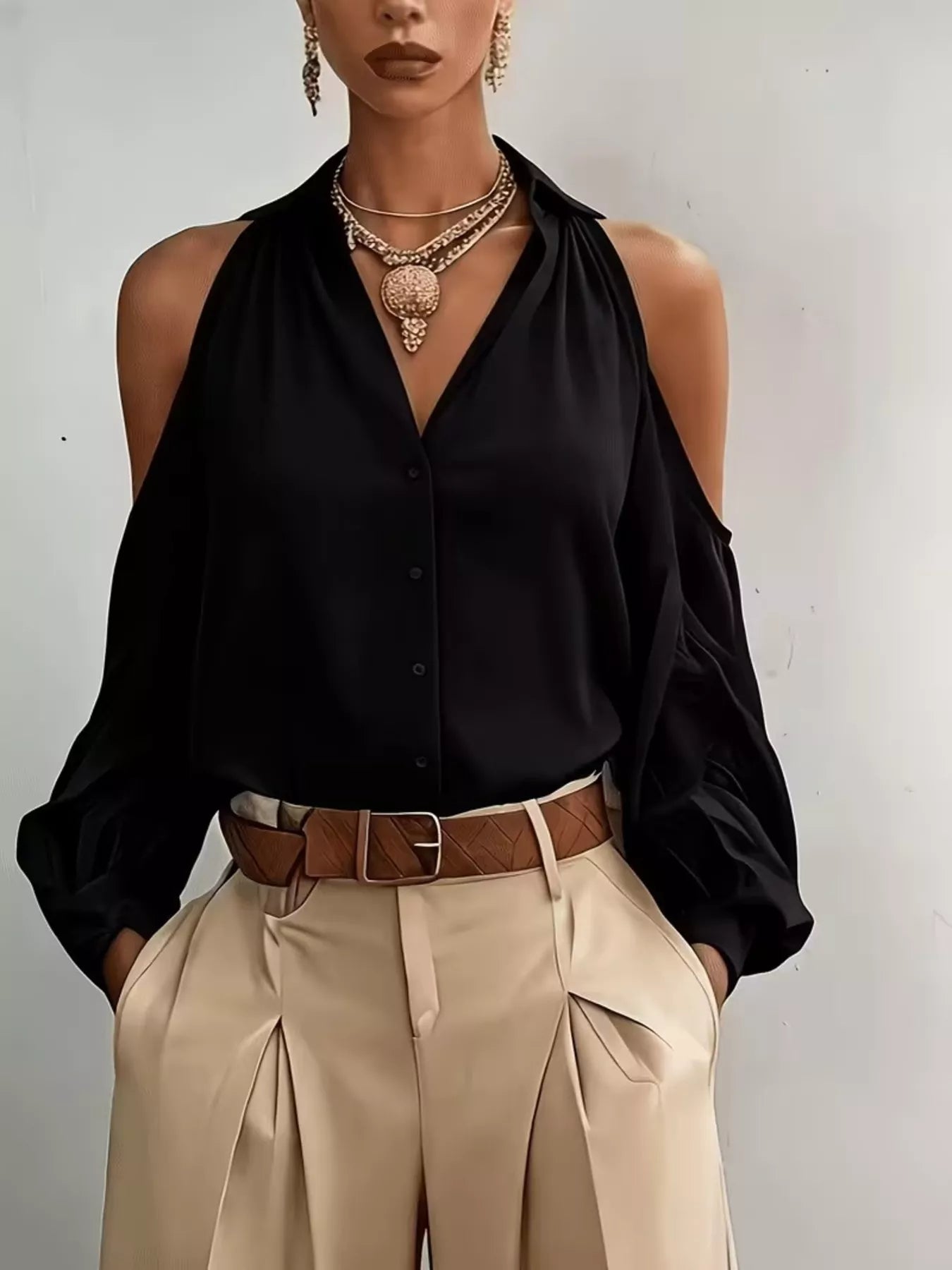 Trendsi Cold-Shoulder Button-Down Shirt -