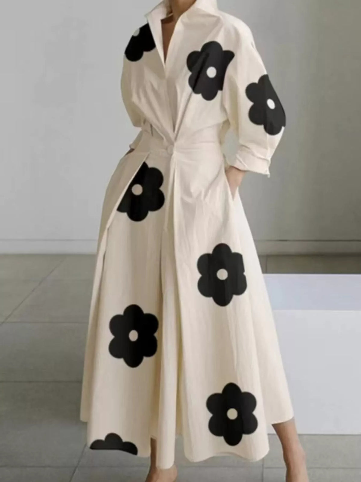 Collared Three-Quarter Sleeve Midi Shirt Dress — front view