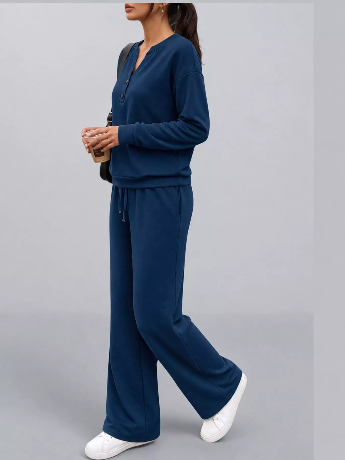 Navy button detail top and wide-leg pants set — side view