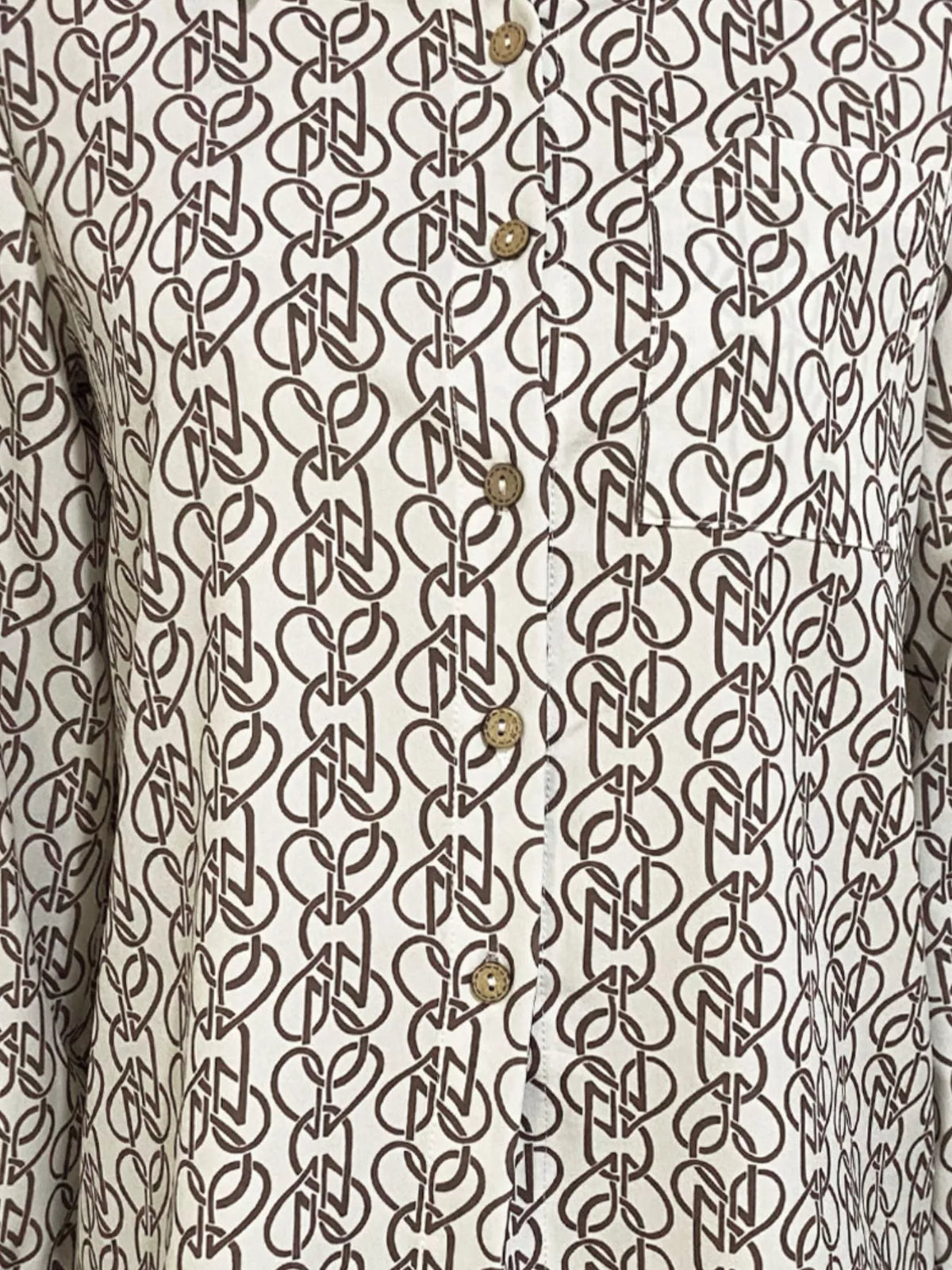 Printed Button-Down Long Sleeve Shirt in beige, geometric print detail