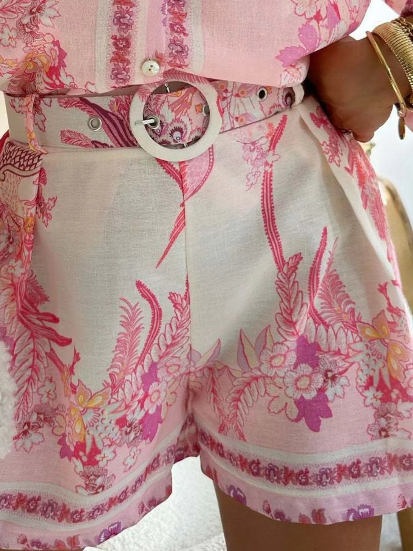Trendsi Floral Print Button-Down Shirt and Belted Shorts Two-Piece Set -