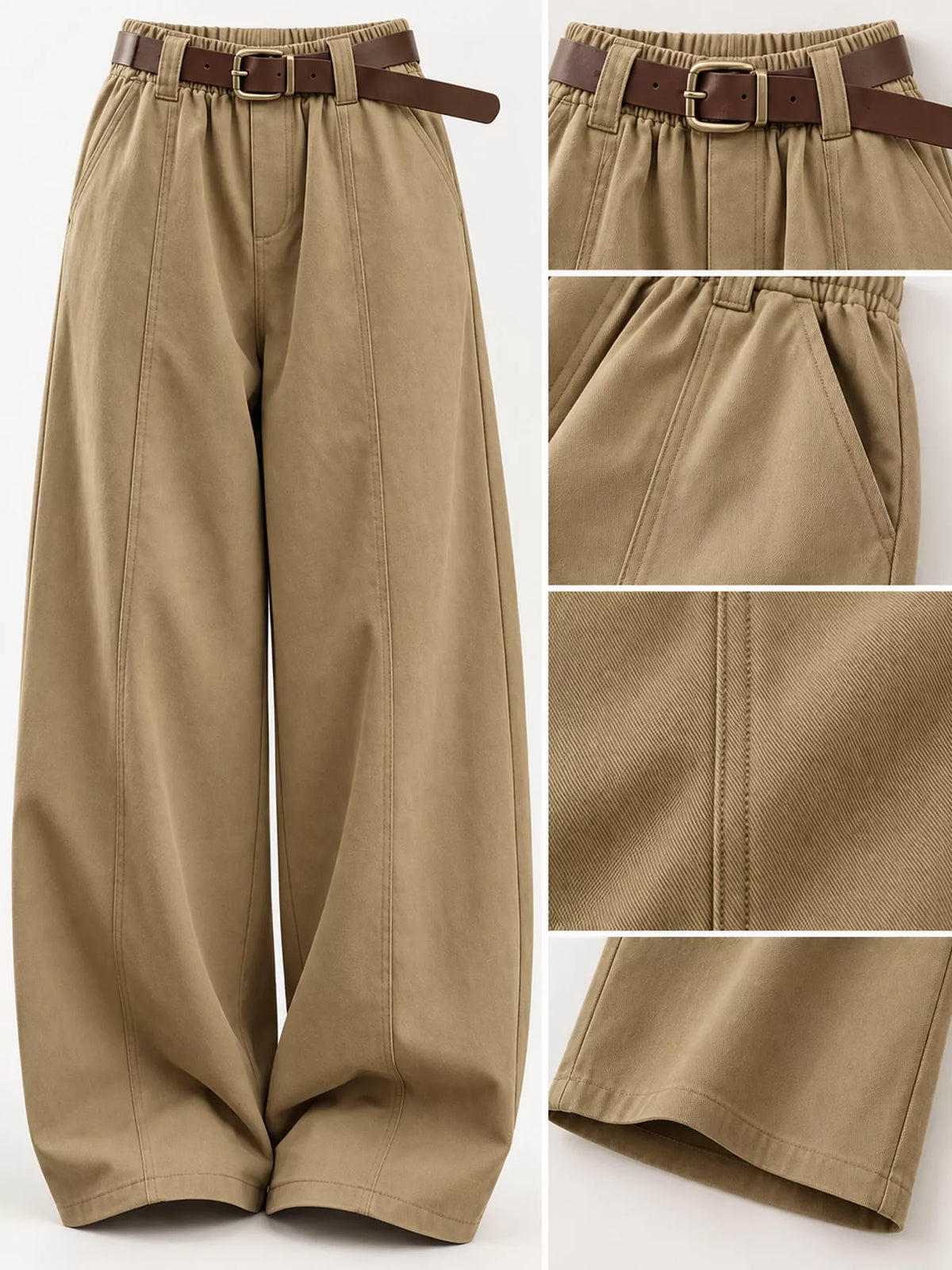 Khaki wide-leg pants, waistband, belt loops, pockets, and leg details