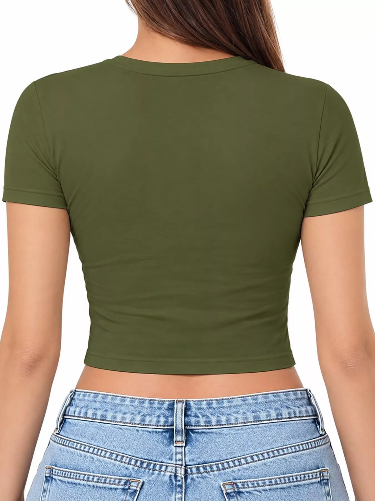 Olive green crew neck crop T-shirt, back view